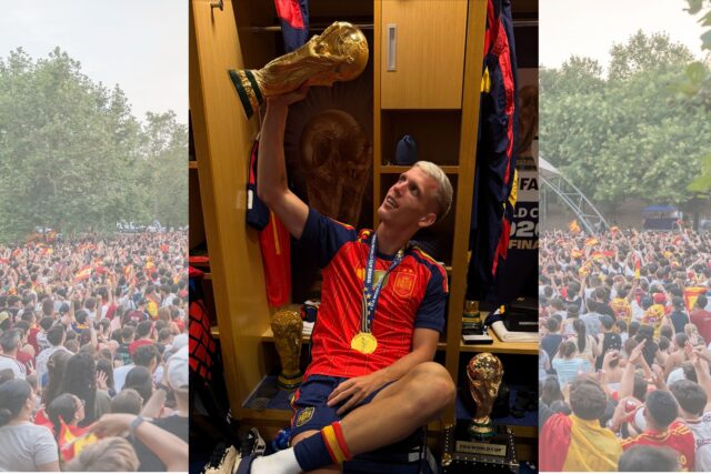 Dani Olmo, amb la copa del mundial al vestidor